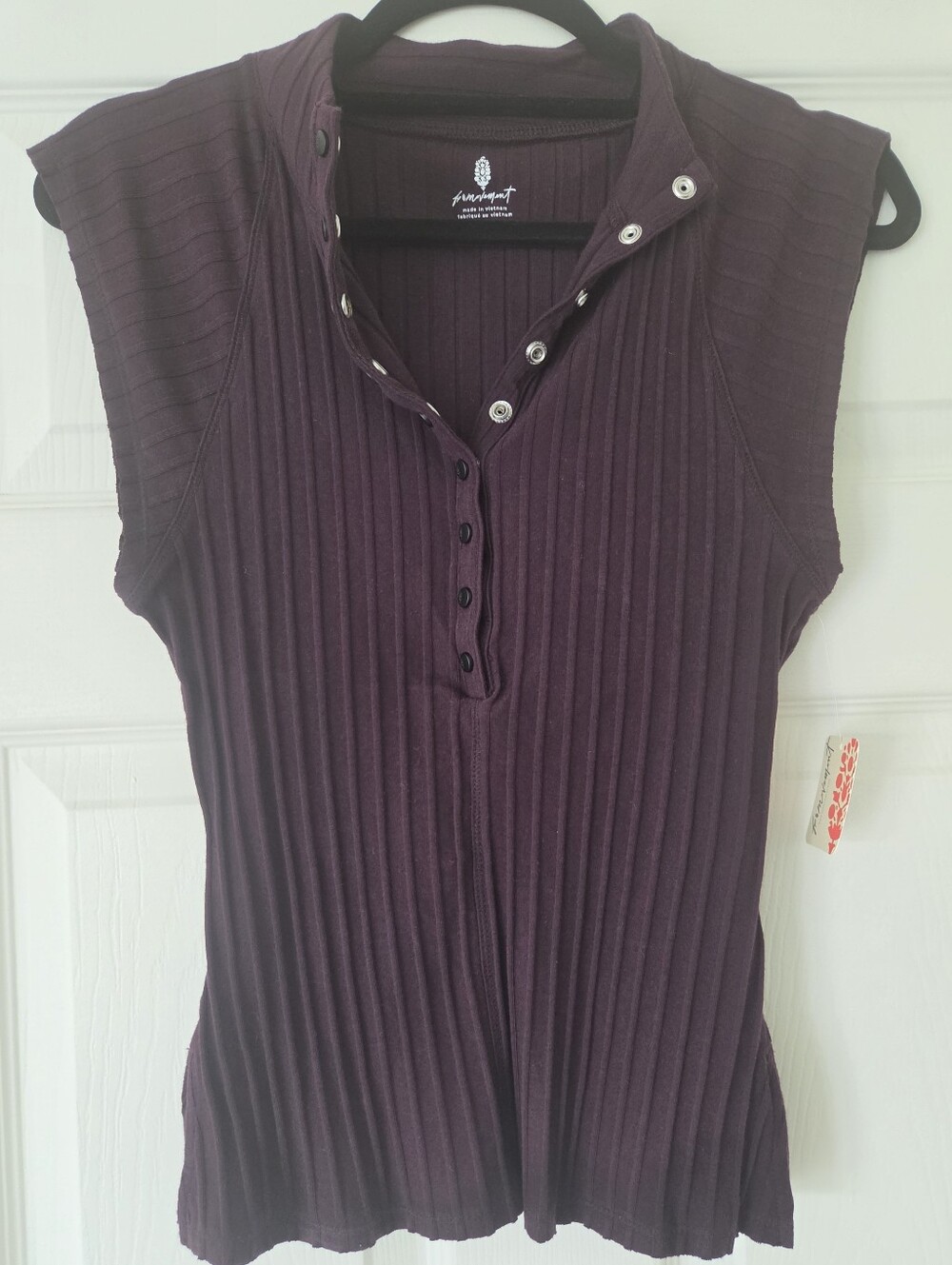 Free People Ribbed Cap-Sleeve Henley Top in Deep Plum